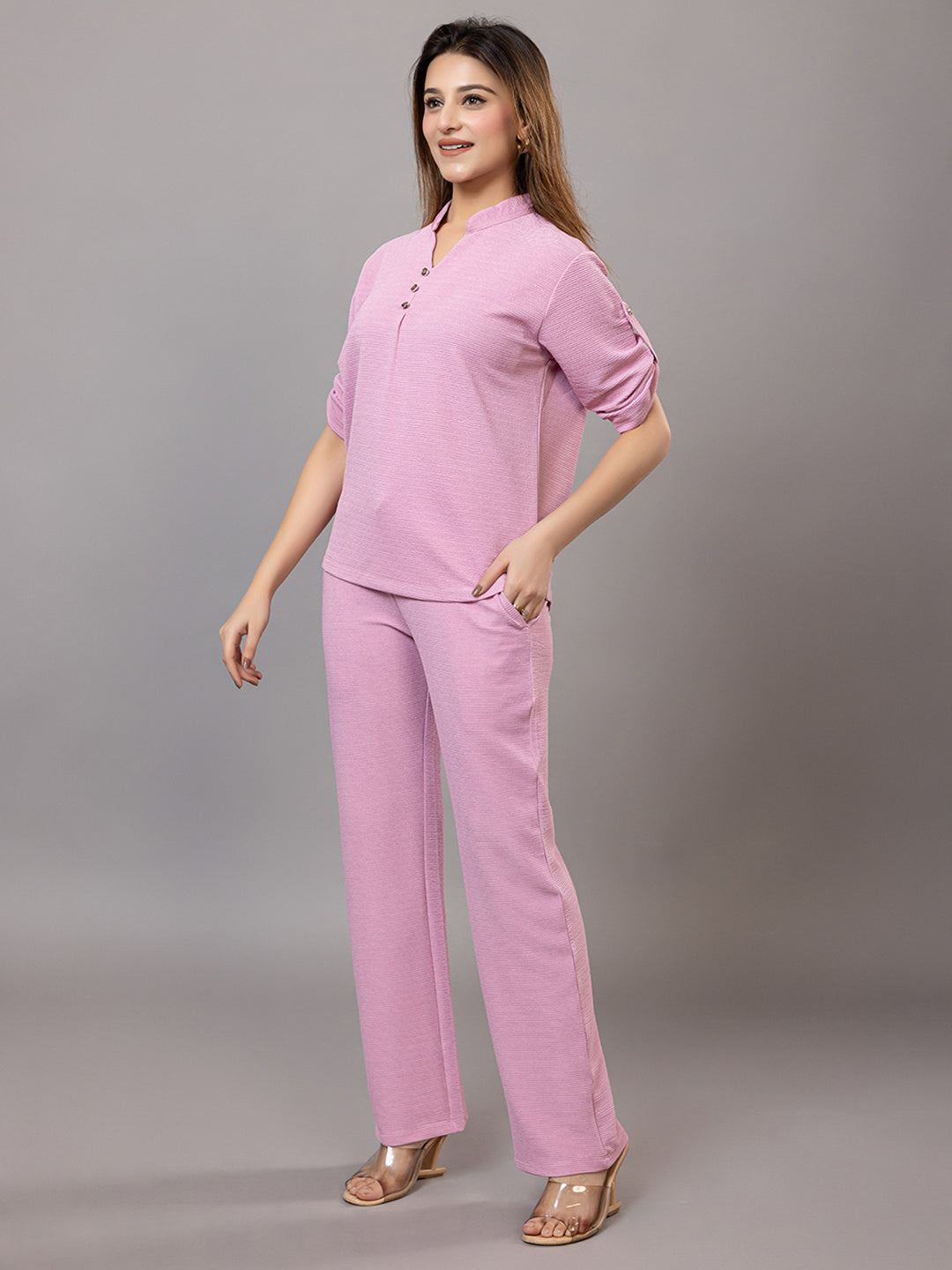 ARISH Women's Casual Pink Loungewear Set, V-Neck Top with Roll-up Sleeves, Wide-Leg Trousers, Co-Ord Set