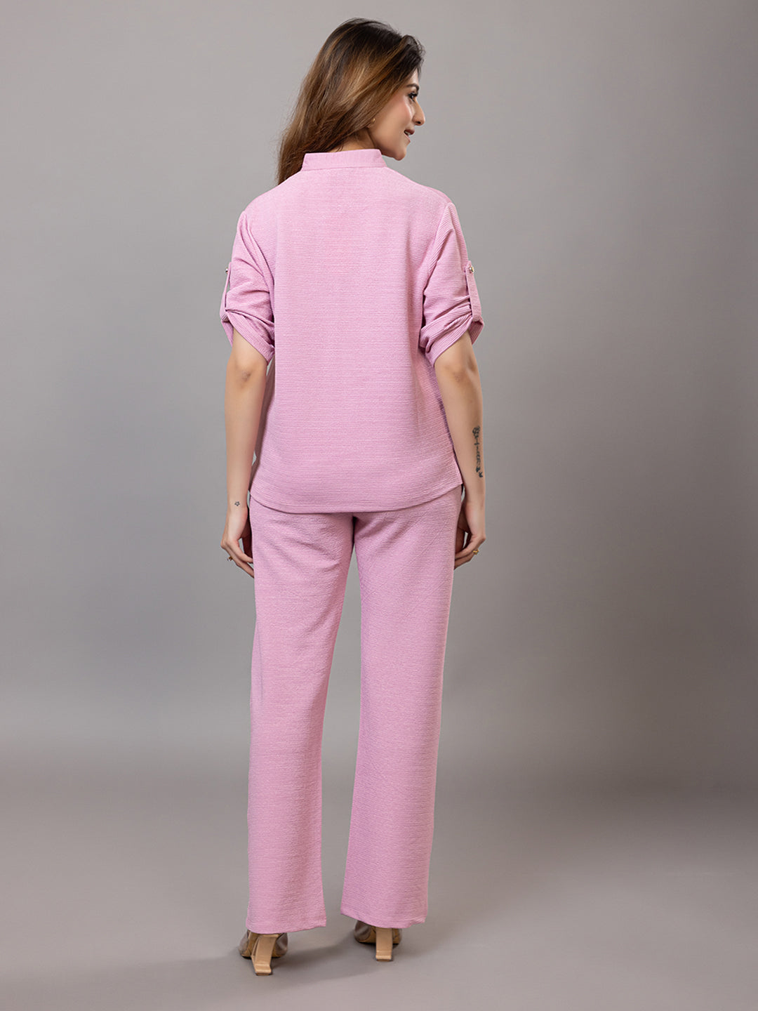 ARISH Women's Casual Pink Loungewear Set, V-Neck Top with Roll-up Sleeves, Wide-Leg Trousers, Co-Ord Set