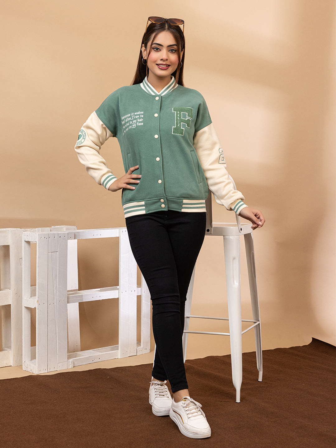 ARISH Varsity Jacket, Onion/Green Cream Red, Imported Fleece Polyester