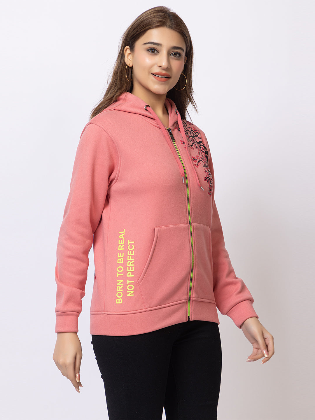ARISH Peach Zipper Hoodie with Floral Print, Imported Fleece for Women