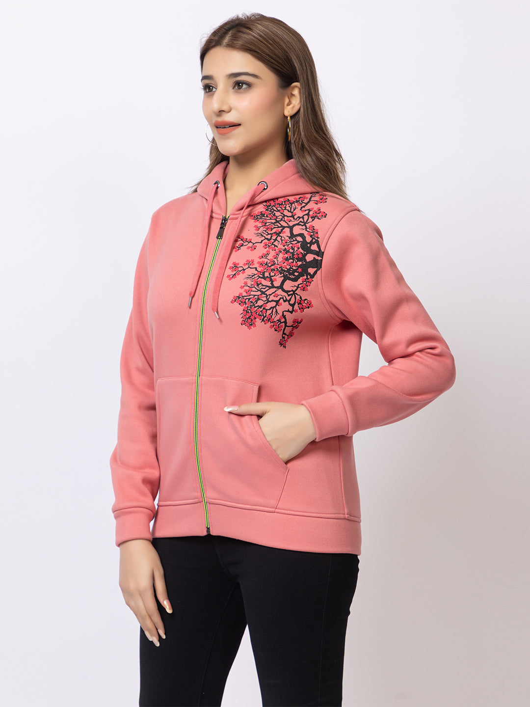 ARISH Peach Zipper Hoodie with Floral Print, Imported Fleece for Women