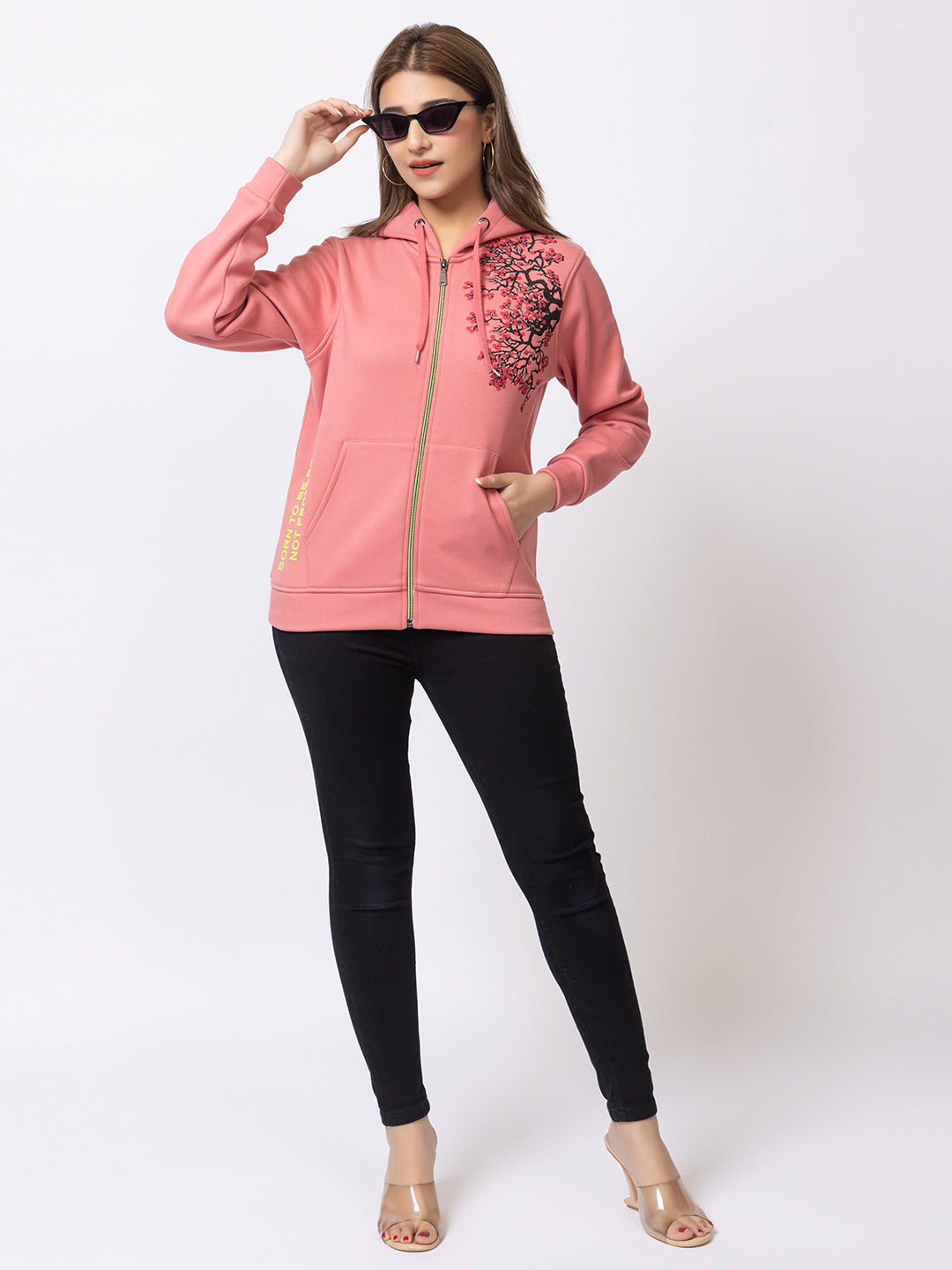 ARISH Peach Zipper Hoodie with Floral Print, Imported Fleece for Women