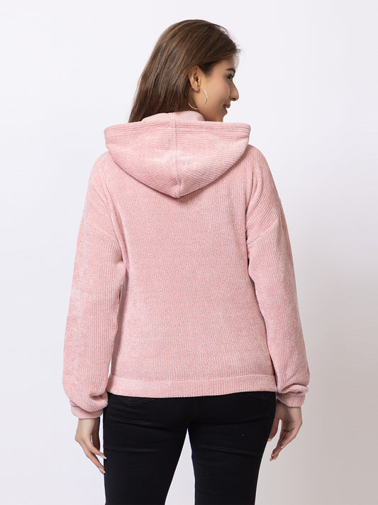 ARISH Light Pink Zipper Hoodie Sweater Knit with Patch Pockets, for Women