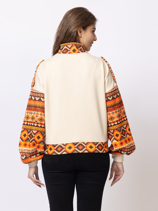 ARISH Women's Crop Jacket, Aztec Print Sleeves, Cream with Orange Geometric Pattern, Button-Up Collar with Balloon Sleeves
