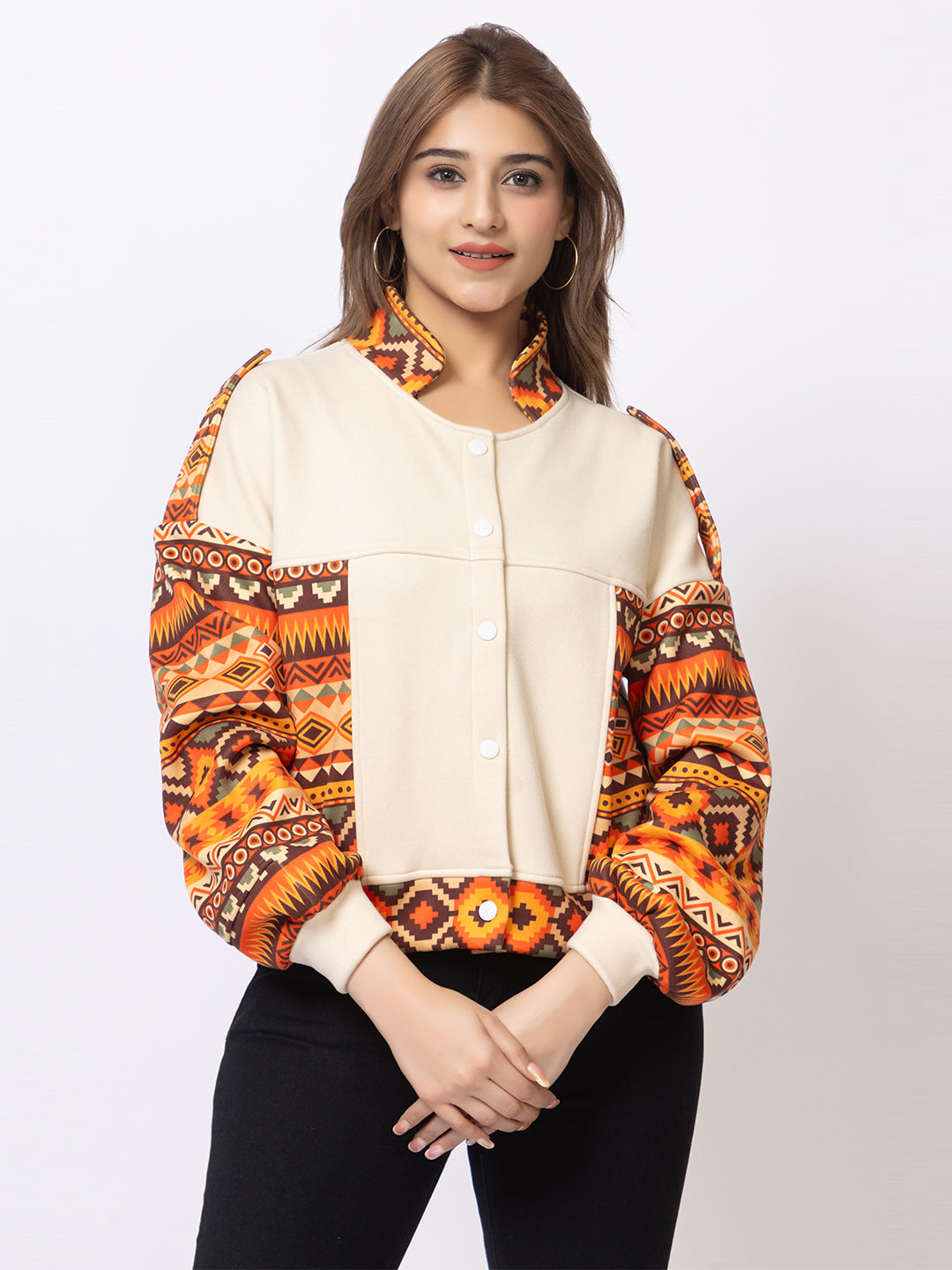 ARISH Women's Crop Jacket, Aztec Print Sleeves, Cream with Orange Geometric Pattern, Button-Up Collar with Balloon Sleeves