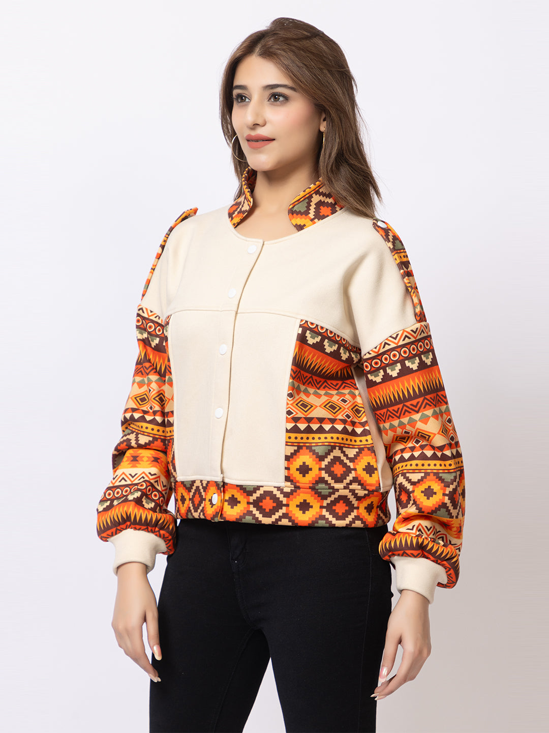 ARISH Women's Crop Jacket, Aztec Print Sleeves, Cream with Orange Geometric Pattern, Button-Up Collar with Balloon Sleeves