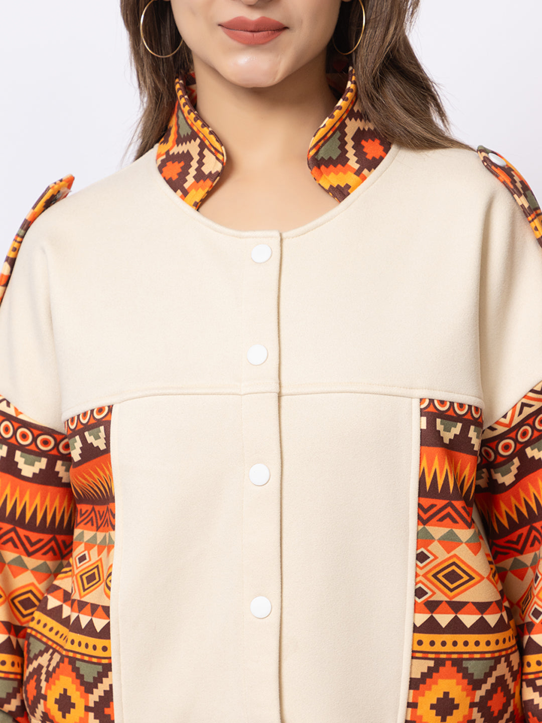 ARISH Women's Crop Jacket, Aztec Print Sleeves, Cream with Orange Geometric Pattern, Button-Up Collar with Balloon Sleeves