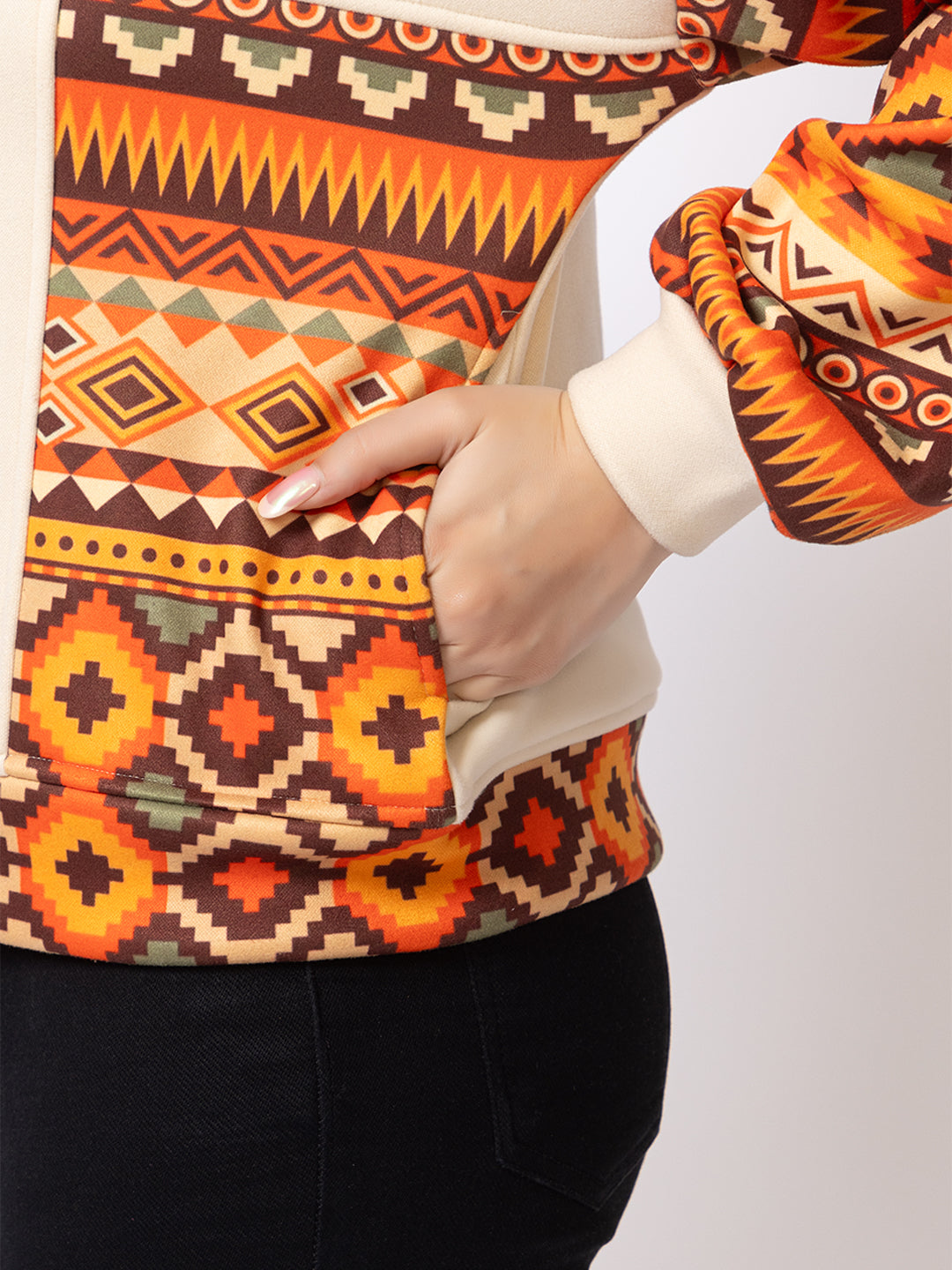 ARISH Women's Crop Jacket, Aztec Print Sleeves, Cream with Orange Geometric Pattern, Button-Up Collar with Balloon Sleeves