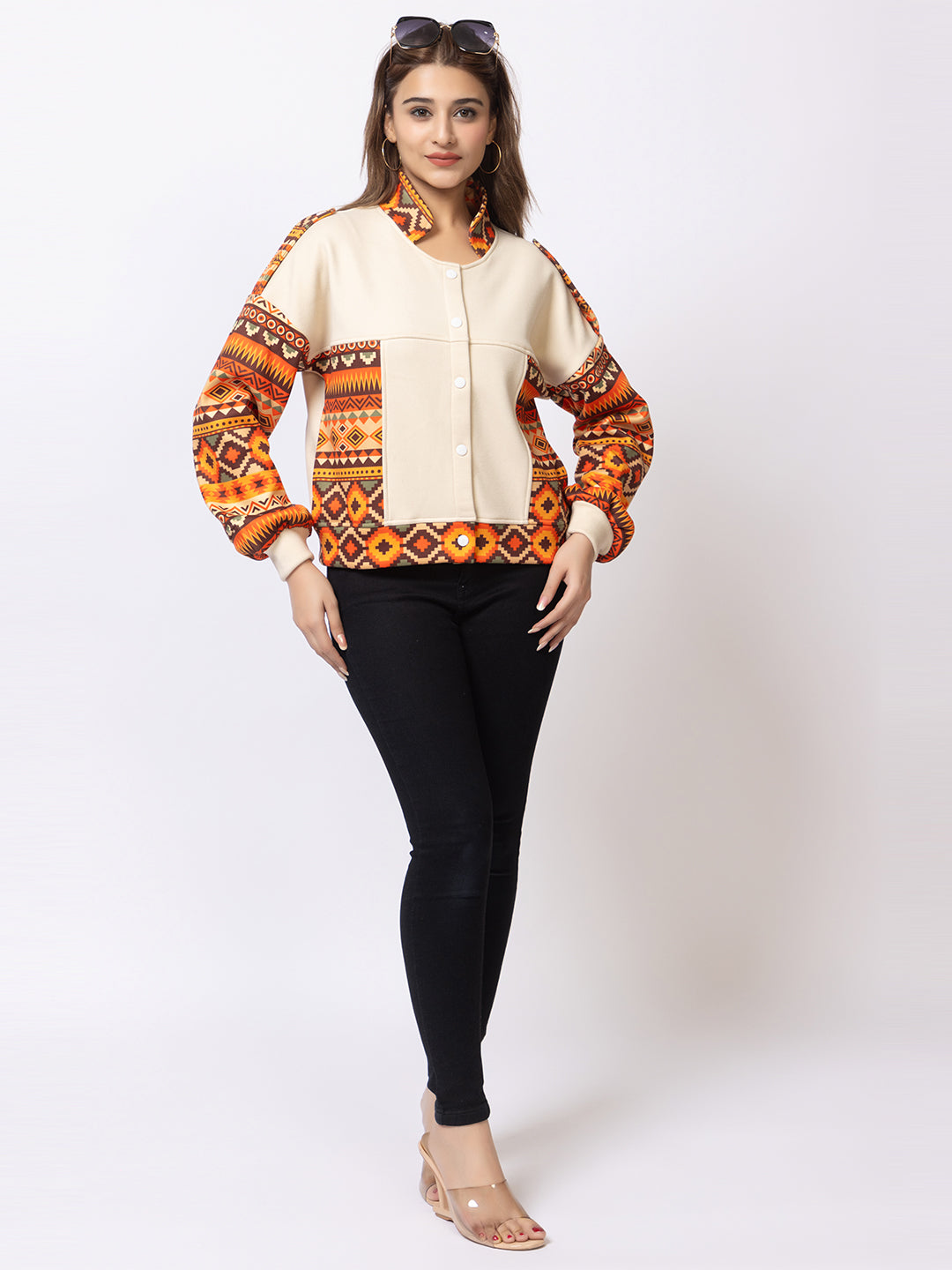 ARISH Women's Crop Jacket, Aztec Print Sleeves, Cream with Orange Geometric Pattern, Button-Up Collar with Balloon Sleeves
