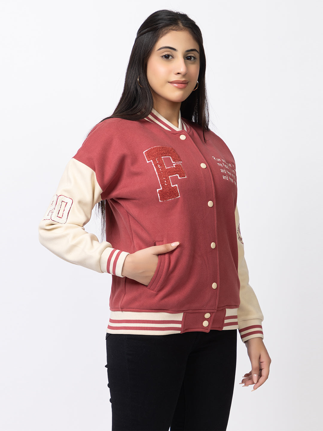 ARISH Varsity Jacket, Onion Cream Red, Imported Fleece Polyester