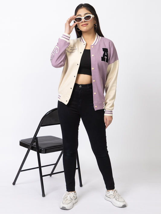 ARISH Lavender Cream Varsity Fleece Polyester Jacket, Imported