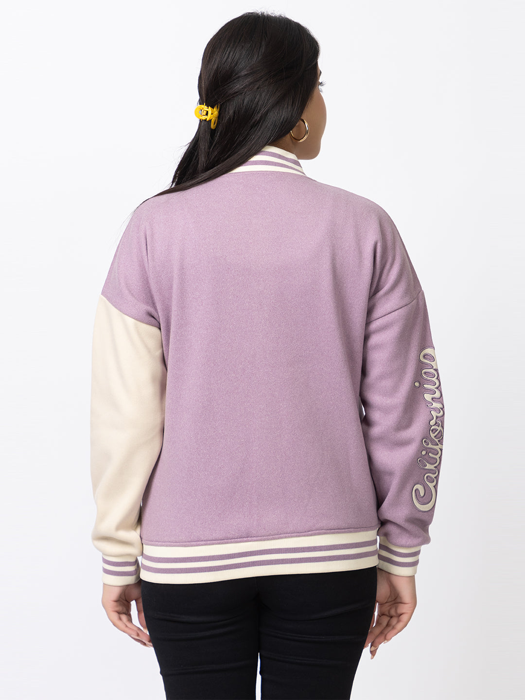 ARISH Lavender Cream Varsity Fleece Polyester Jacket, Imported
