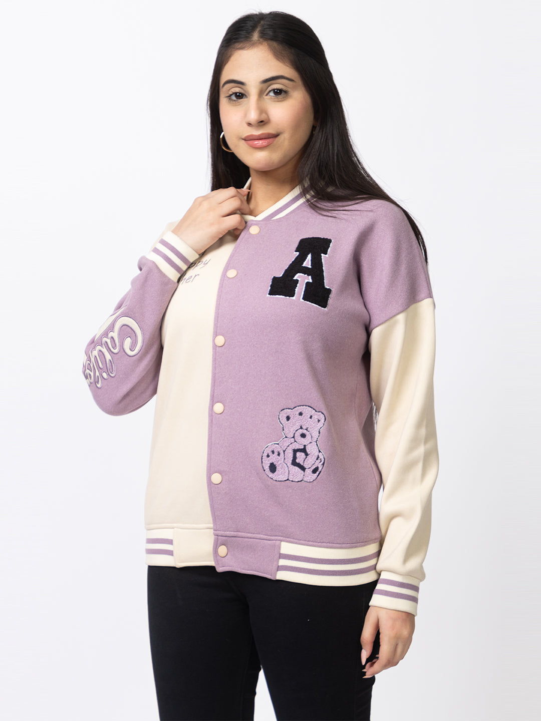 ARISH Lavender Cream Varsity Fleece Polyester Jacket, Imported