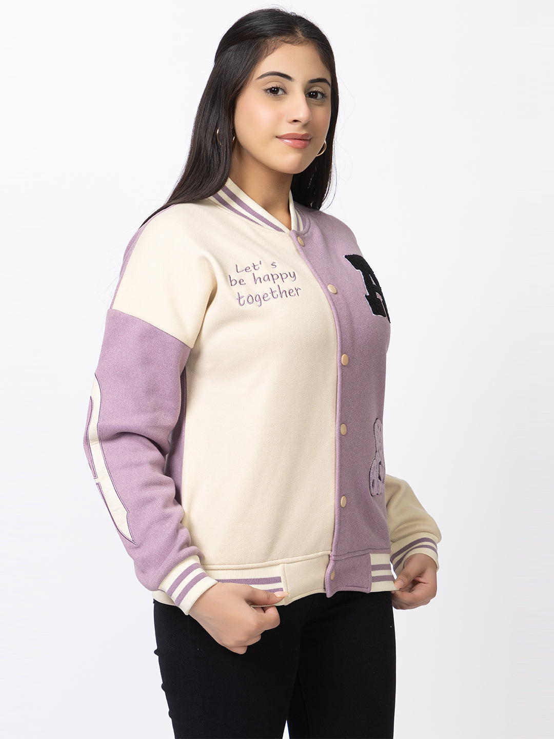 ARISH Lavender Cream Varsity Fleece Polyester Jacket, Imported