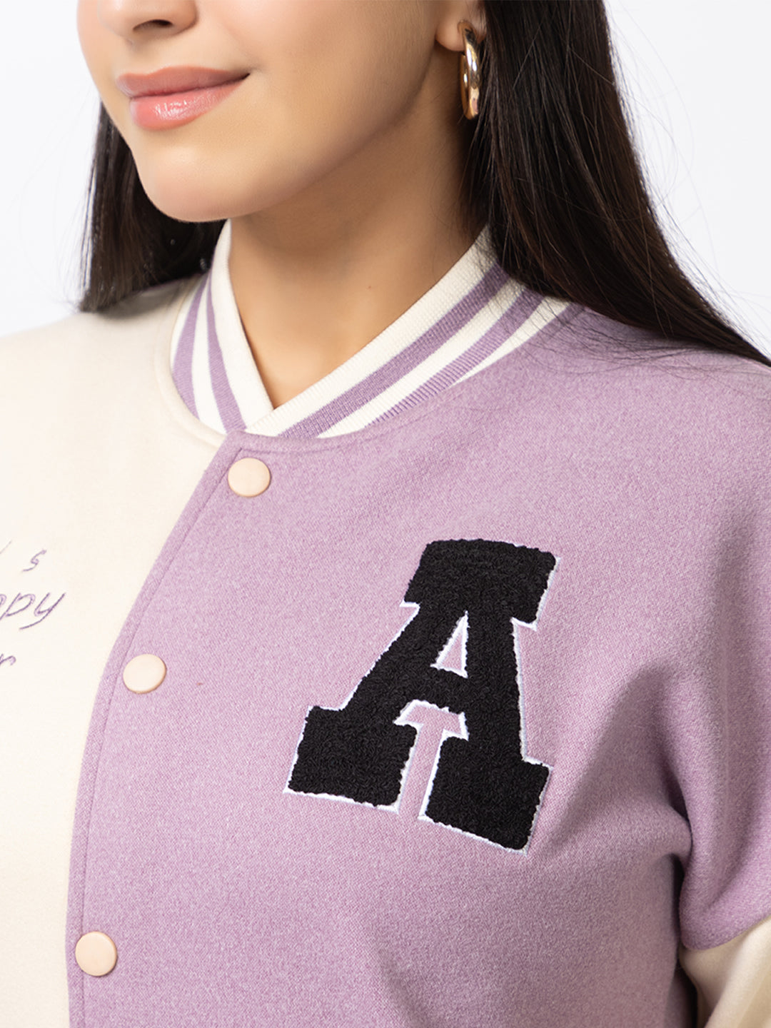 ARISH Lavender Cream Varsity Fleece Polyester Jacket, Imported