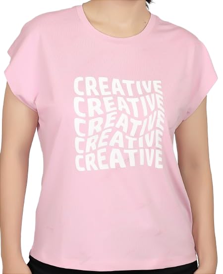 ARISH Women's Pink Cotton T-Shirt (Self Print) with 'Creative' Text HD Print, Round Neck