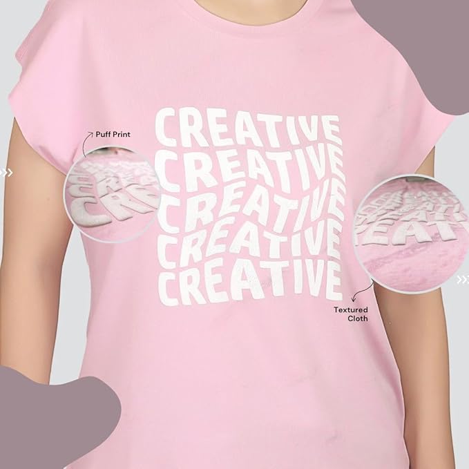ARISH Women's Pink Cotton T-Shirt (Self Print) with 'Creative' Text HD Print, Round Neck
