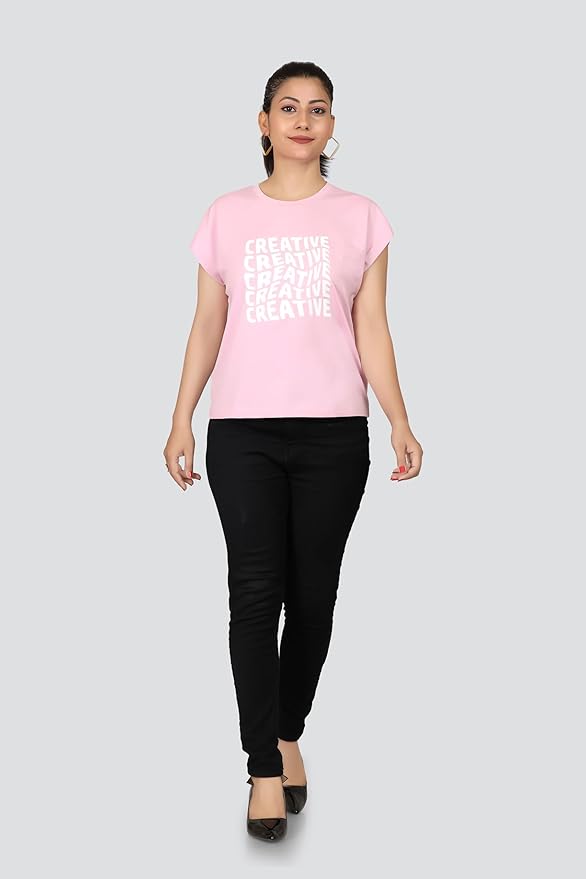 ARISH Women's Pink Cotton T-Shirt (Self Print) with 'Creative' Text HD Print, Round Neck