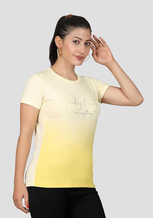 ARISH Women's Ombre Regular Fit Crew-Neck Multicoloured T-Shirt with Typographic Foil Print