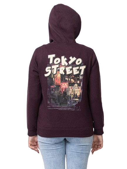 Urban Fashion Women's Zipper Hoodie, Imported Fleece, Tokyo Street Print, Wine Color