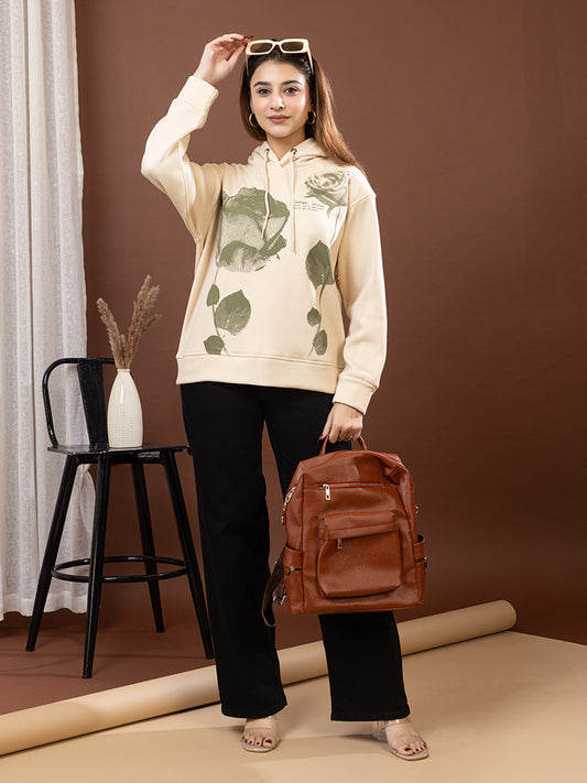 Snowy Blush Women's Cream Pullover Hoodie, Extra Soft Imported Fleece, Olive Rose Print, Velvet Feel