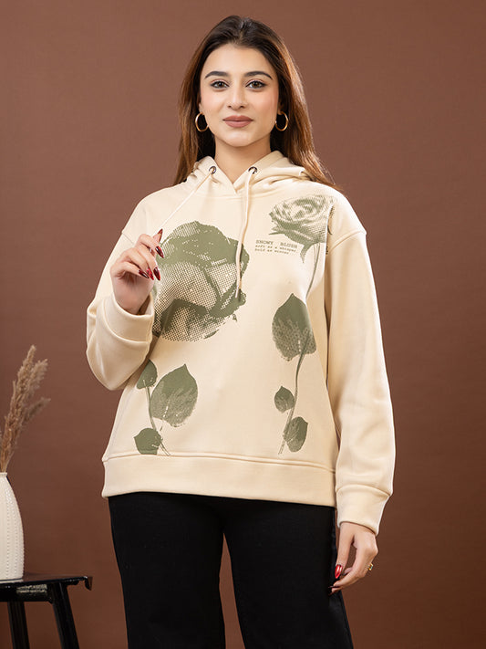 Snowy Blush Women's Cream Pullover Hoodie, Extra Soft Imported Fleece, Olive Rose Print, Velvet Feel