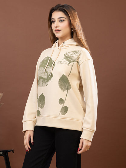 Snowy Blush Women's Cream Pullover Hoodie, Extra Soft Imported Fleece, Olive Rose Print, Velvet Feel