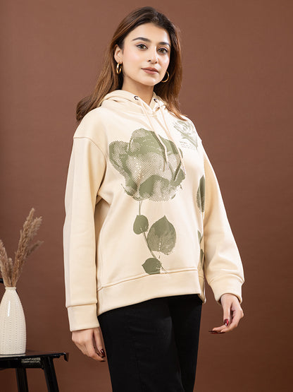 Snowy Blush Women's Cream Pullover Hoodie, Extra Soft Imported Fleece, Olive Rose Print, Velvet Feel