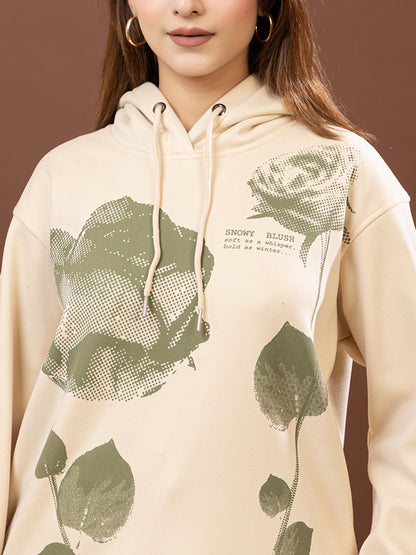 Snowy Blush Women's Cream Pullover Hoodie, Extra Soft Imported Fleece, Olive Rose Print, Velvet Feel
