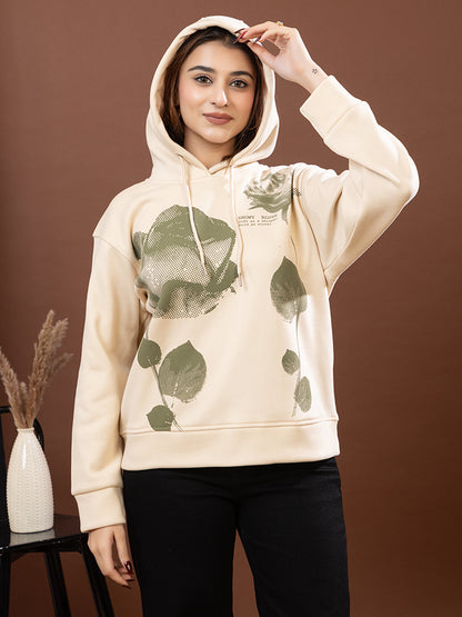 Snowy Blush Women's Cream Pullover Hoodie, Extra Soft Imported Fleece, Olive Rose Print, Velvet Feel