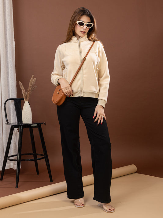 Women's Soft Fleece Jacket, Cream Color with Zipper Closure, Full Sleeve Stand Collar, Casual Winter Wear with Side Pockets