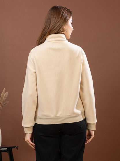 Women's Soft Fleece Jacket, Cream Color with Zipper Closure, Full Sleeve Stand Collar, Casual Winter Wear with Side Pockets