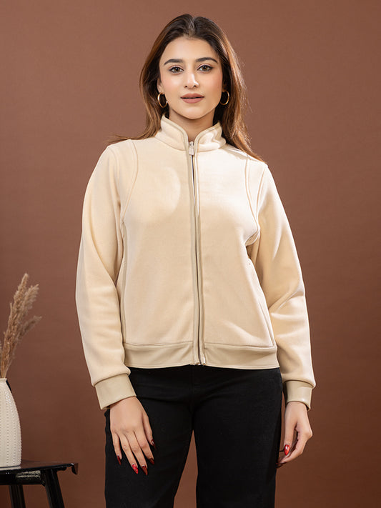 Women's Soft Fleece Jacket, Cream Color with Zipper Closure, Full Sleeve Stand Collar, Casual Winter Wear with Side Pockets