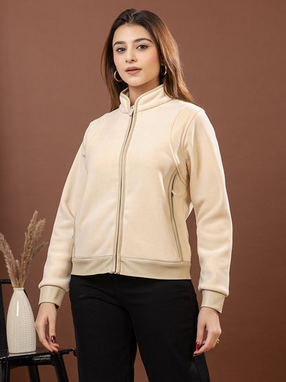 Women's Soft Fleece Jacket, Cream Color with Zipper Closure, Full Sleeve Stand Collar, Casual Winter Wear with Side Pockets
