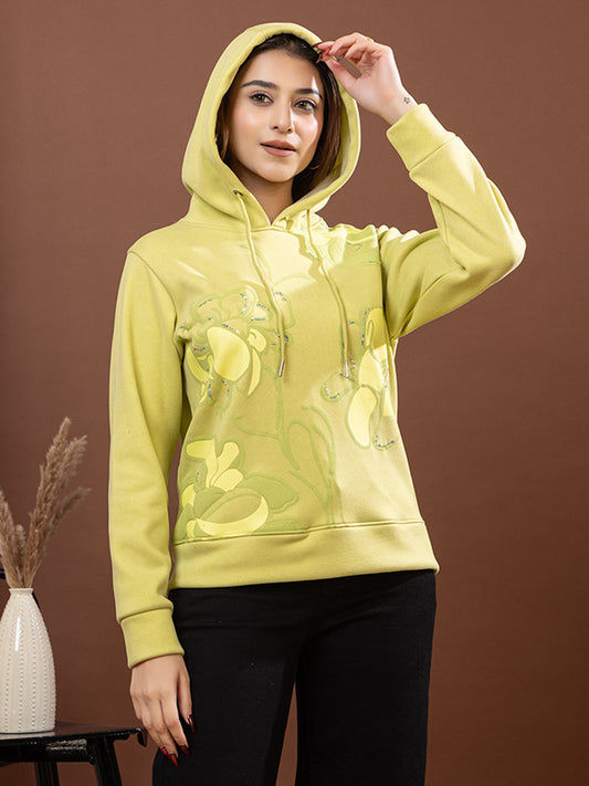 Women's Lime Green Floral Embellished Hoodie with Sequin Work, Soft Imported Fleece, Pullover Style
