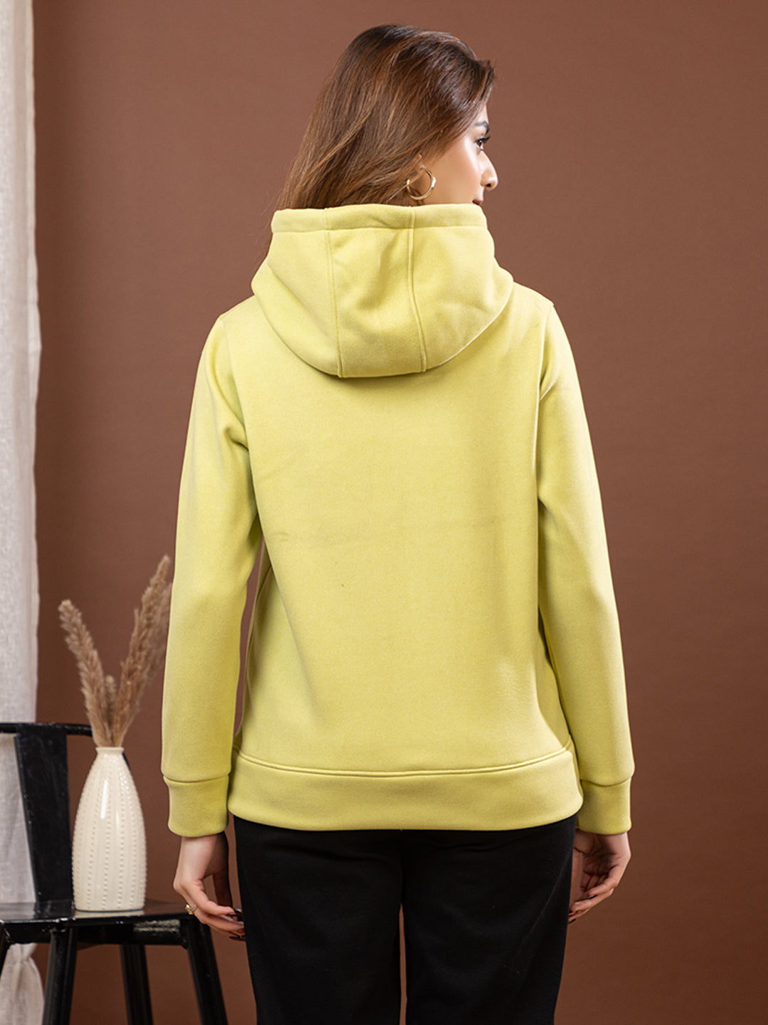 Women's Lime Green Floral Embellished Hoodie with Sequin Work, Soft Imported Fleece, Pullover Style