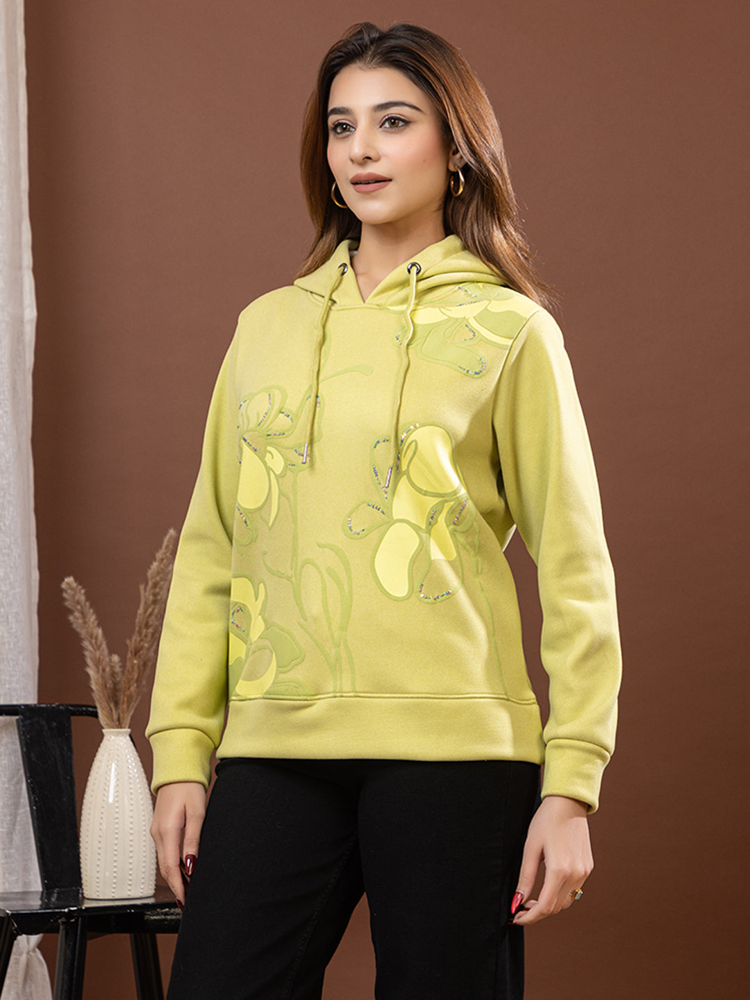 Women's Lime Green Floral Embellished Hoodie with Sequin Work, Soft Imported Fleece, Pullover Style