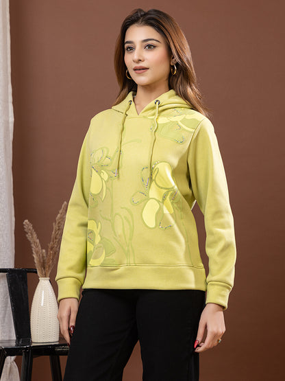 Women's Lime Green Floral Embellished Hoodie with Sequin Work, Soft Imported Fleece, Pullover Style