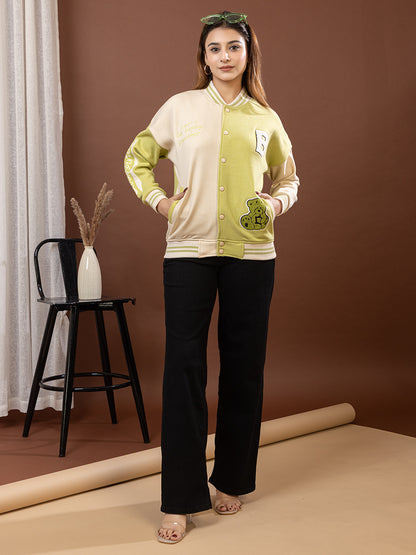 ARISH Lavender/Green Cream Varsity Fleece Polyester Jacket, Imported