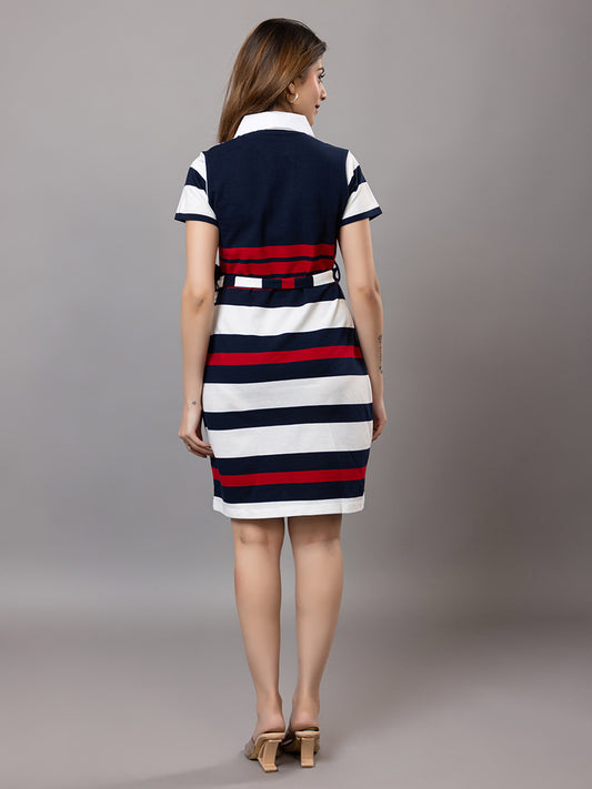 ARISH Striped Polo Tunic Dress, Short Sleeve with Side-Tie Belt, Knee Length, Navy Blue White Red