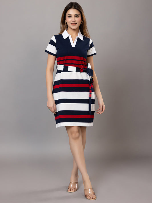 ARISH Striped Polo Tunic Dress, Short Sleeve with Side-Tie Belt, Knee Length, Navy Blue White Red