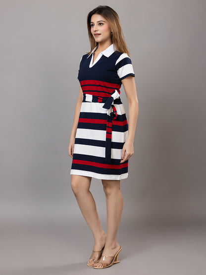 ARISH Striped Polo Tunic Dress, Short Sleeve with Side-Tie Belt, Knee Length, Navy Blue White Red