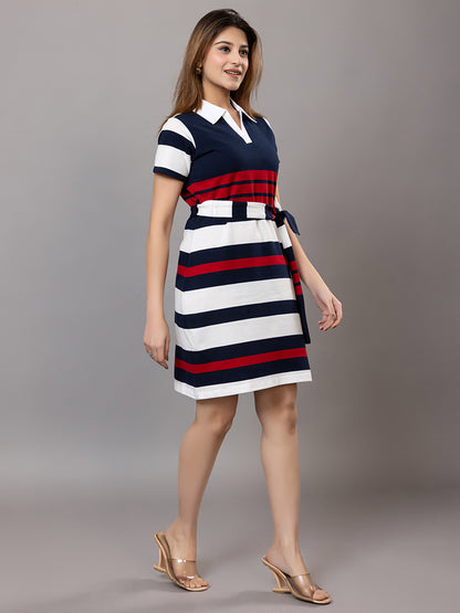ARISH Striped Polo Tunic Dress, Short Sleeve with Side-Tie Belt, Knee Length, Navy Blue White Red