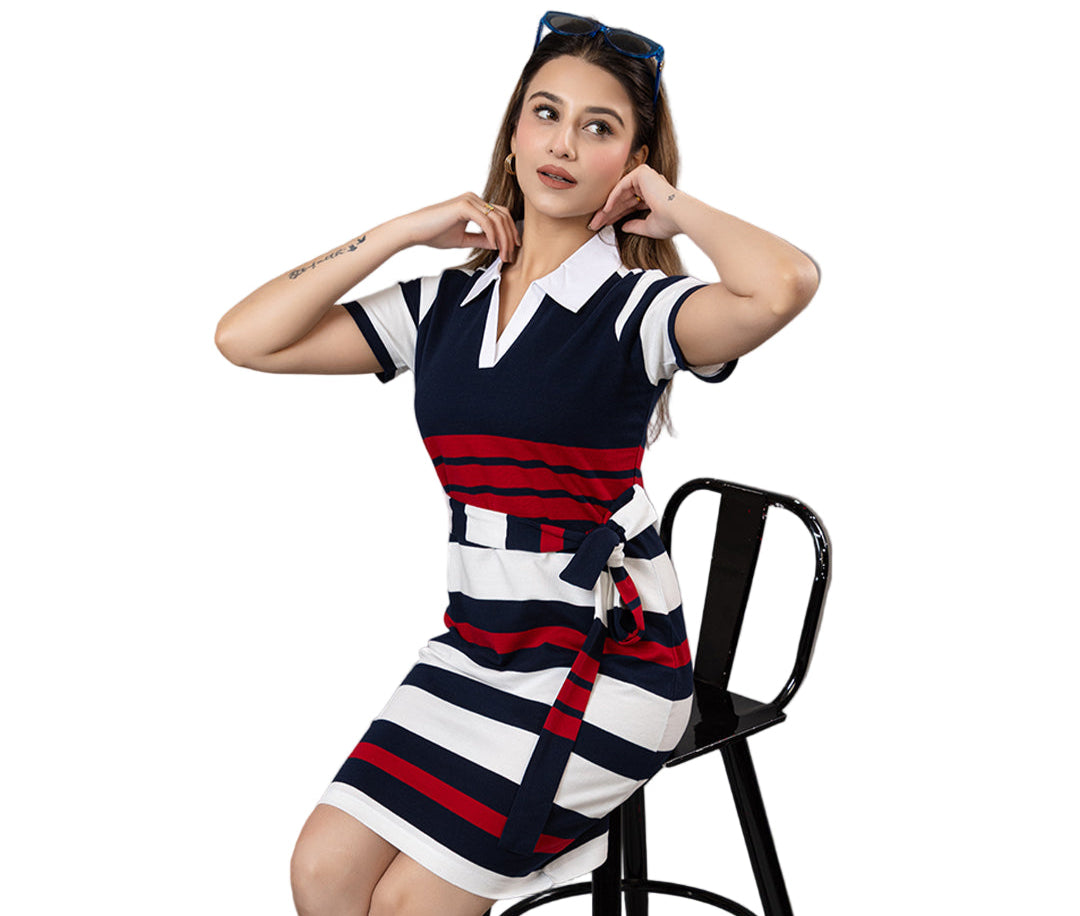 ARISH Striped Polo Tunic Dress, Short Sleeve with Side-Tie Belt, Knee Length, Navy Blue White Red