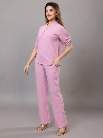 ARISH Women's Casual Pink Loungewear Set, V-Neck Top with Roll-up Sleeves, Wide-Leg Trousers, Co-Ord Set