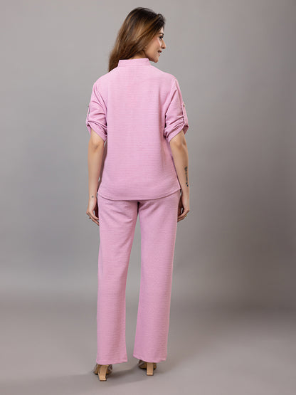 ARISH Women's Casual Pink Loungewear Set, V-Neck Top with Roll-up Sleeves, Wide-Leg Trousers, Co-Ord Set