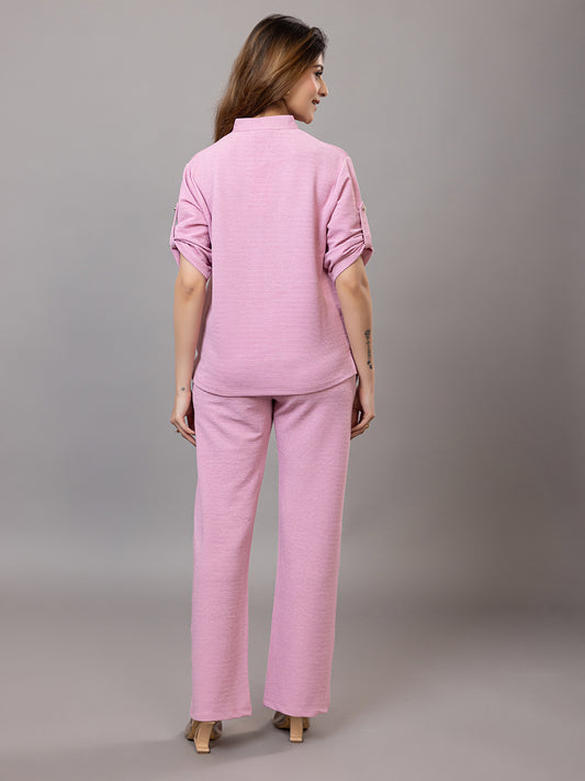 ARISH Women's Casual Pink Loungewear Set, V-Neck Top with Roll-up Sleeves, Wide-Leg Trousers, Co-Ord Set