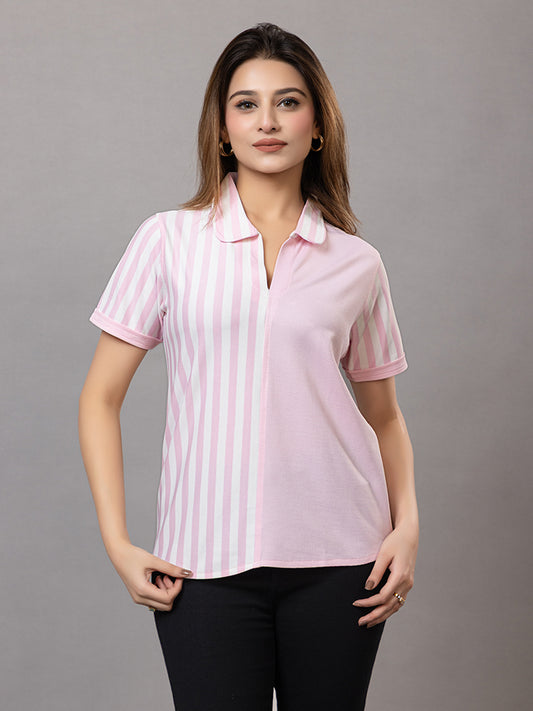 Women's Pink and White Striped Polo T-Shirt, Short Sleeve, Collared Neck