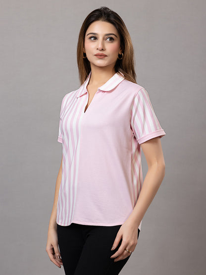 Women's Pink and White Striped Polo T-Shirt, Short Sleeve, Collared Neck