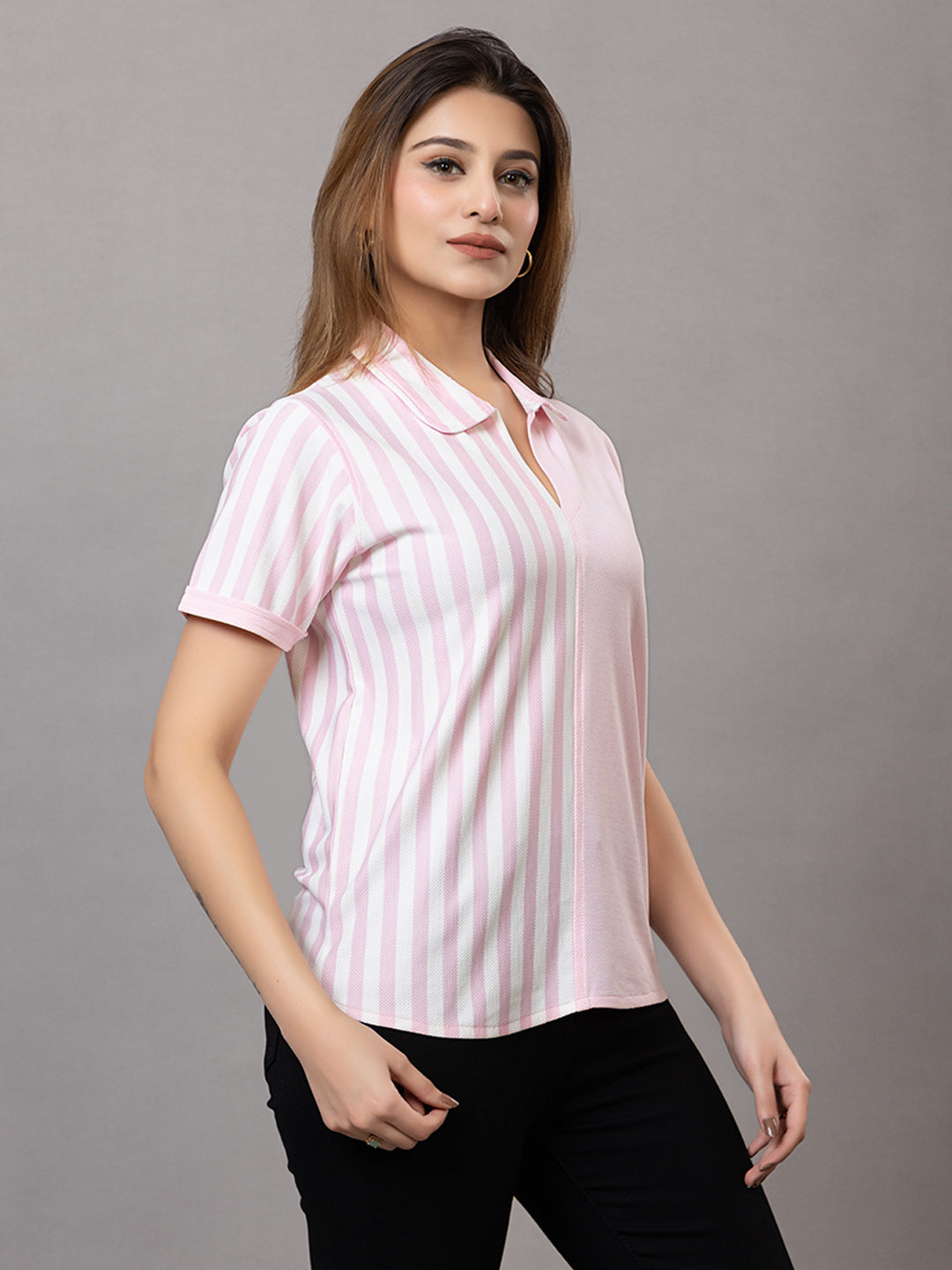 Women's Pink and White Striped Polo T-Shirt, Short Sleeve, Collared Neck